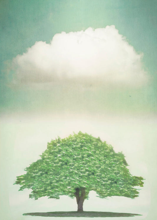 An edited photo combining a tree in the lower half and a cloud in the upper half. They are similar in shape and edited to have a painterly look.