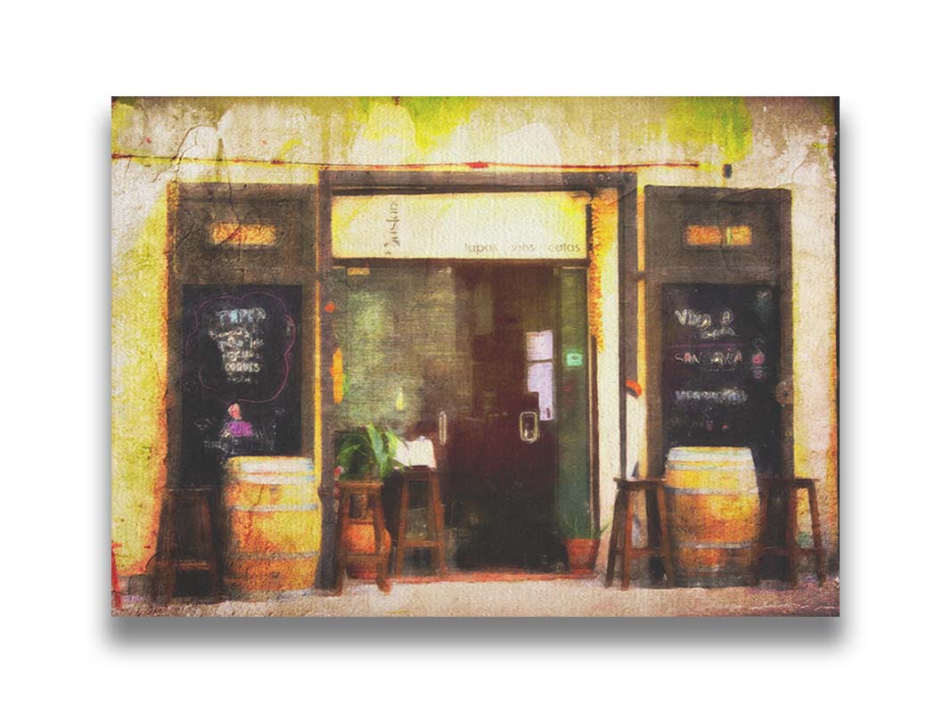 A photo of a rustic restaurant storefront, with barrels outside used as tables. It is edited to have a weathered texture. Printed on canvas.