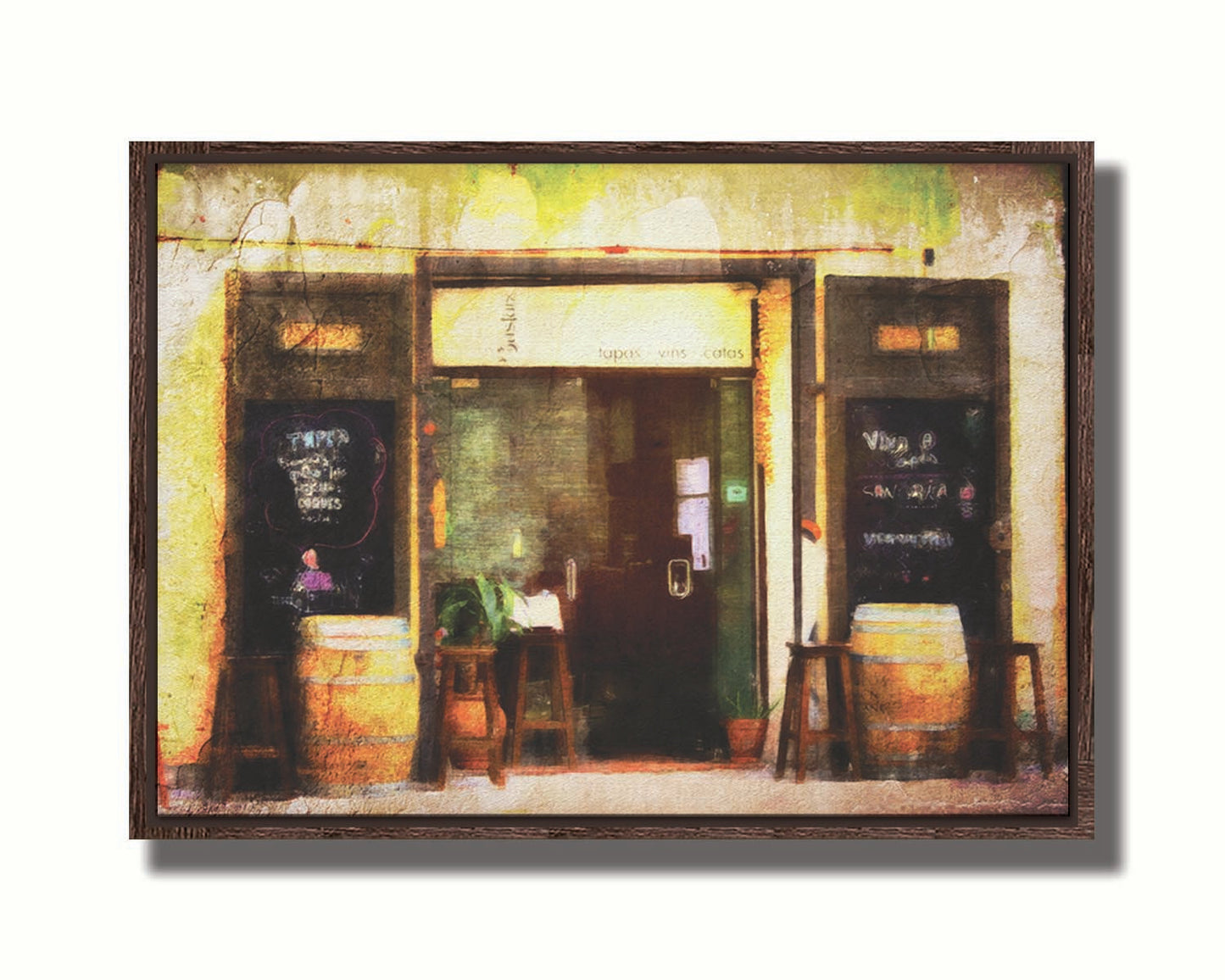 A photo of a rustic restaurant storefront, with barrels outside used as tables. It is edited to have a weathered texture. Printed on canvas in a float frame.