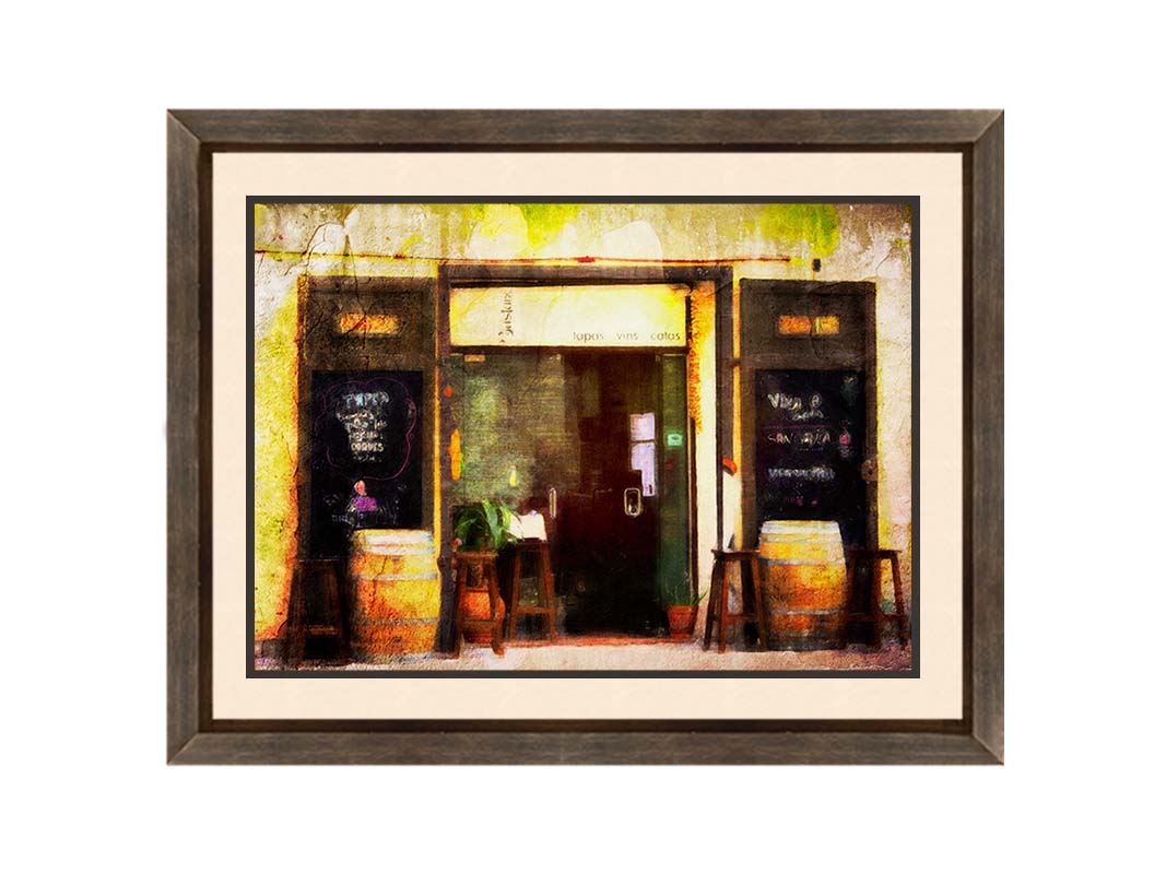 A photo of a rustic restaurant storefront, with barrels outside used as tables. It is edited to have a weathered texture. Printed on paper, matted, and framed.