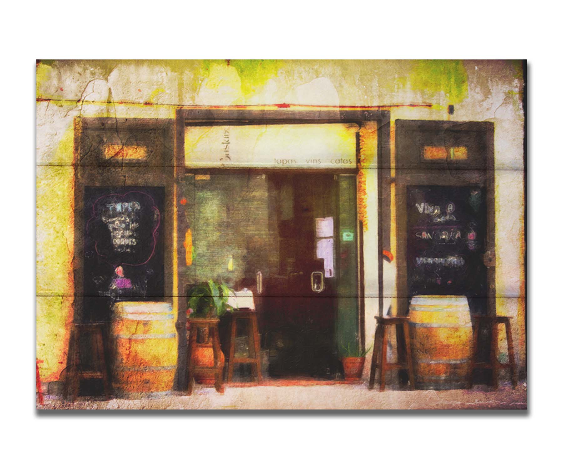 A photo of a rustic restaurant storefront, with barrels outside used as tables. It is edited to have a weathered texture. Printed on a box board.