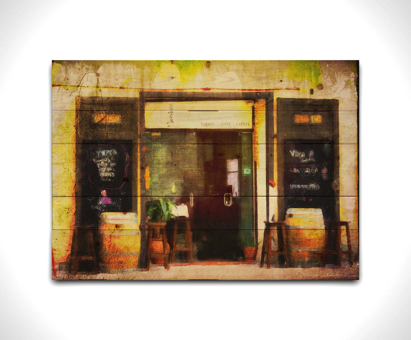 A photo of a rustic restaurant storefront, with barrels outside used as tables. It is edited to have a weathered texture. Printed on a wood pallet.