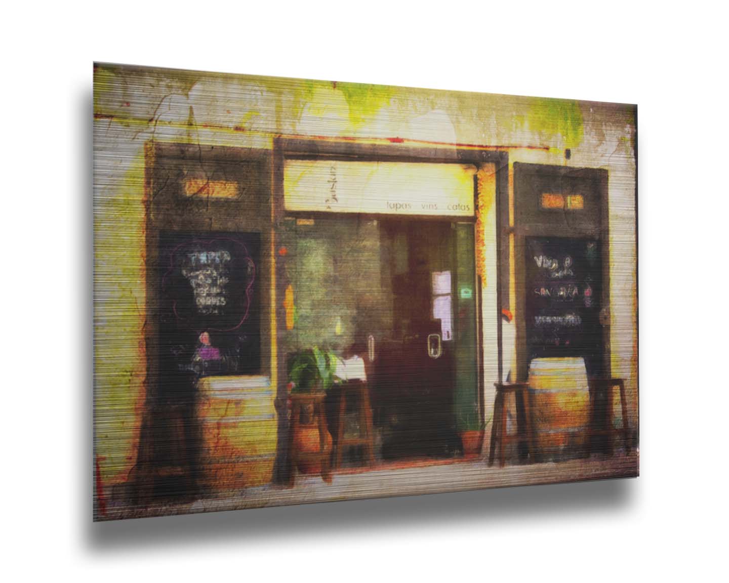 A photo of a rustic restaurant storefront, with barrels outside used as tables. It is edited to have a weathered texture. Printed on metal.