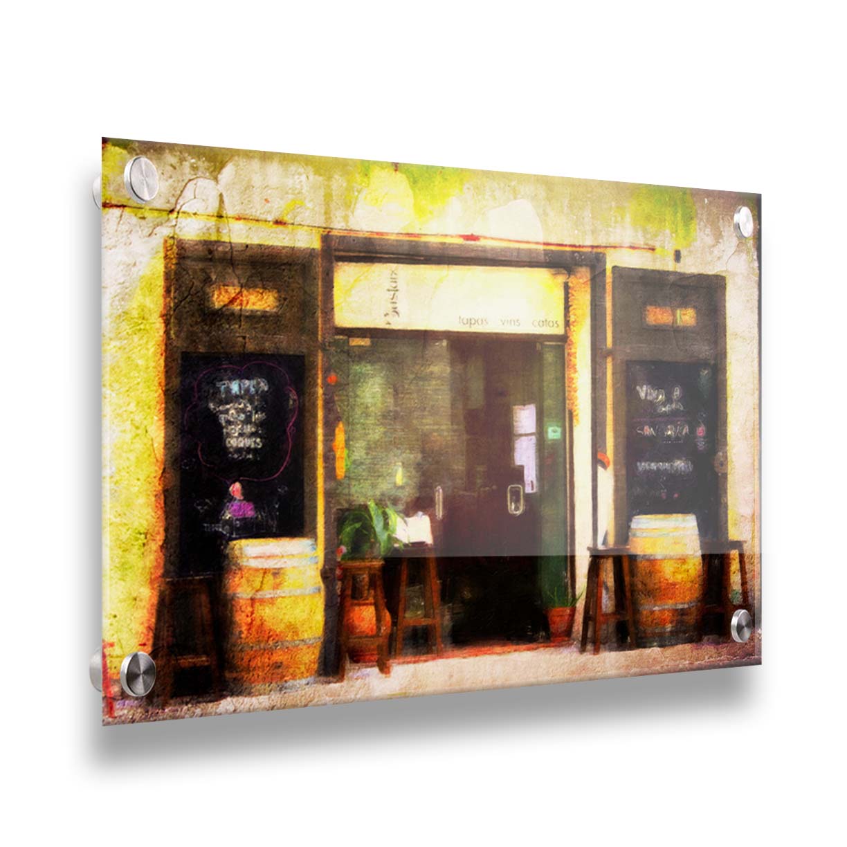 A photo of a rustic restaurant storefront, with barrels outside used as tables. It is edited to have a weathered texture. Printed on acrylic.