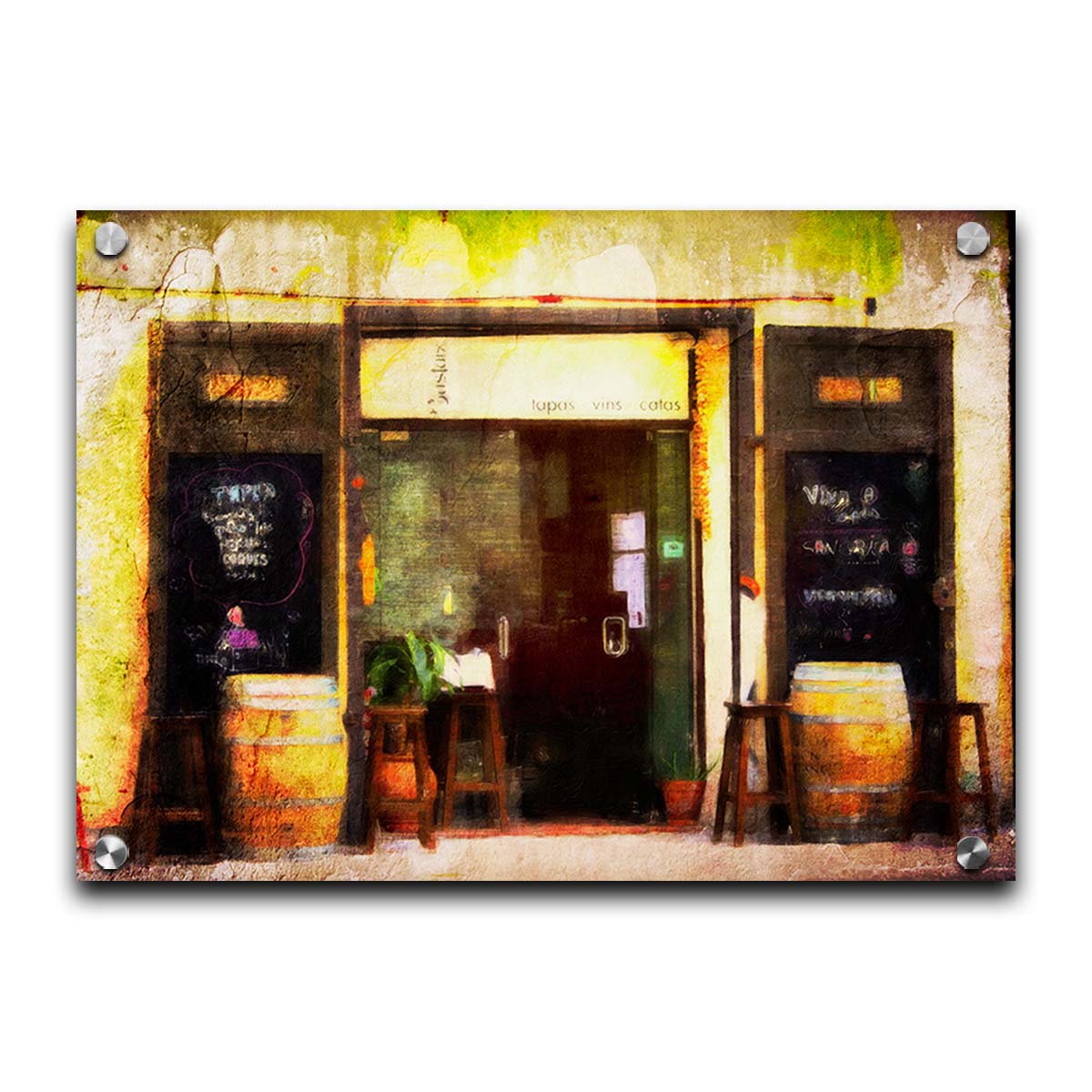 A photo of a rustic restaurant storefront, with barrels outside used as tables. It is edited to have a weathered texture. Printed on acrylic.