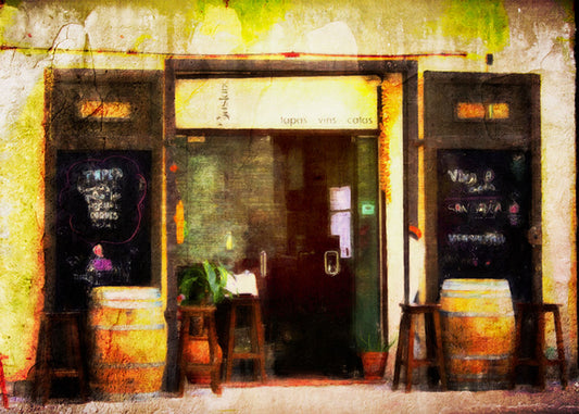 A photo of a rustic restaurant storefront, with barrels outside used as tables. It is edited to have a weathered texture.
