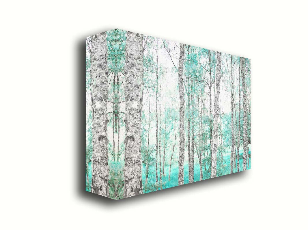 A photograph of a forest of rough trees, edited in grayscale with selective areas of vibrant blue teal on the leaves and grass. Printed on canvas.