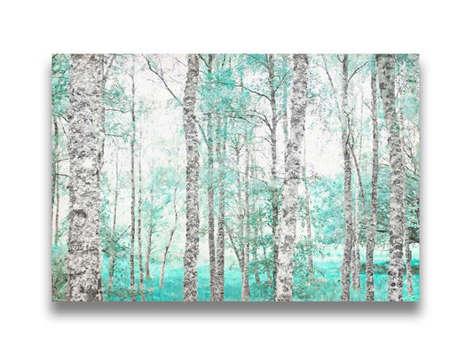 A photograph of a forest of rough trees, edited in grayscale with selective areas of vibrant blue teal on the leaves and grass. Printed on canvas.