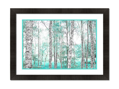 A photograph of a forest of rough trees, edited in grayscale with selective areas of vibrant blue teal on the leaves and grass. Printed on paper, matted, and framed.