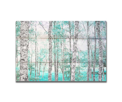 A photograph of a forest of rough trees, edited in grayscale with selective areas of vibrant blue teal on the leaves and grass. Printed on a box board.