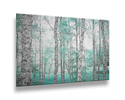 A photograph of a forest of rough trees, edited in grayscale with selective areas of vibrant blue teal on the leaves and grass. Printed on metal.