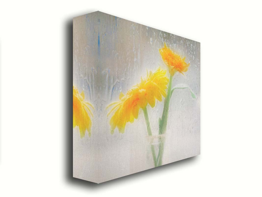 A photo of two yellow flowers in a small glass jar in soft light, edited as viewed through wet glass. Printed on canvas.