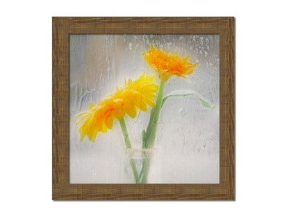 A photo of two yellow flowers in a small glass jar in soft light, edited as viewed through wet glass. Printed on canvas and framed.