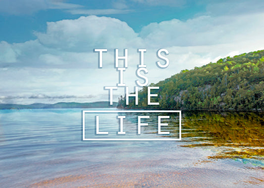 A photograph taken from the shore, looking out toward a forested coast. The water reflects the blue sky and gentle clouds. The phrase "This is the life" is overlaid across the center of the photo in white.