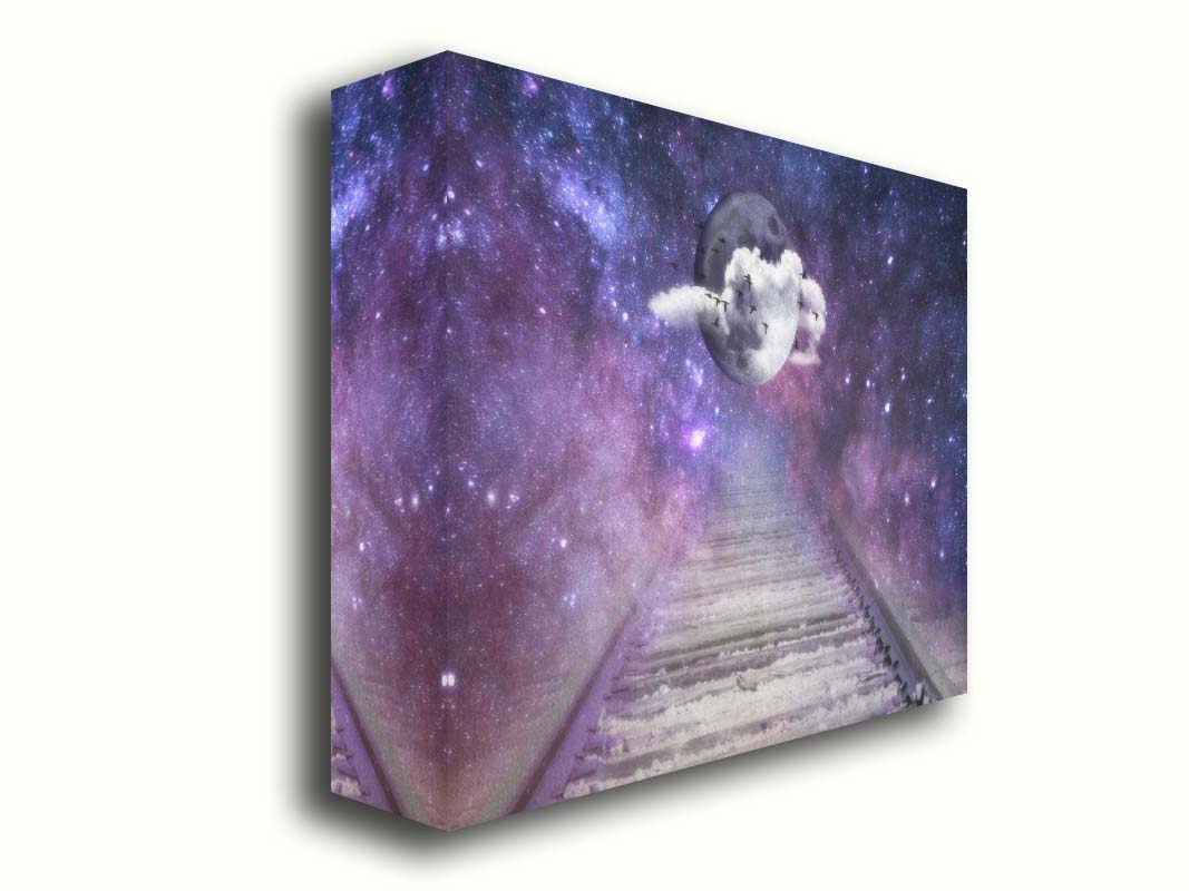 An edited photo looking down train tracks, leading into a starry space view. In the center is a moon surrounded by wispy clouds, with silhouetted geese flying across it. Printed on canvas.