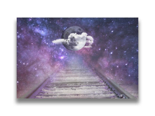 An edited photo looking down train tracks, leading into a starry space view. In the center is a moon surrounded by wispy clouds, with silhouetted geese flying across it. Printed on canvas.