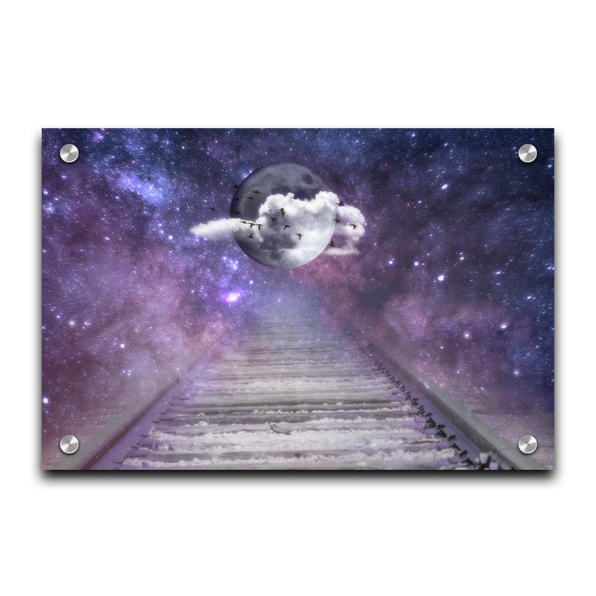 An edited photo looking down train tracks, leading into a starry space view. In the center is a moon surrounded by wispy clouds, with silhouetted geese flying across it. Printed on acrylic.