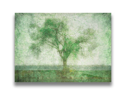 A photo of a tree at a lake, edited in green with a heavy weathered texture. Printed on canvas.