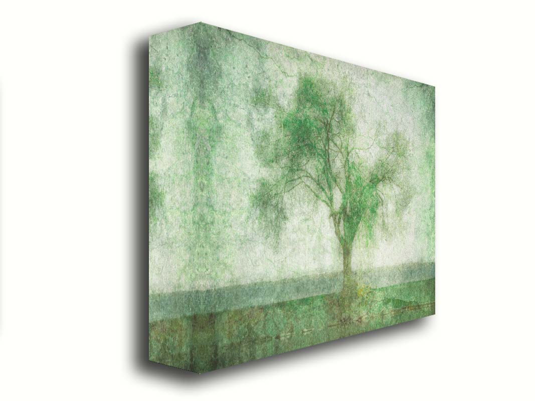 A photo of a tree at a lake, edited in green with a heavy weathered texture. Printed on canvas.