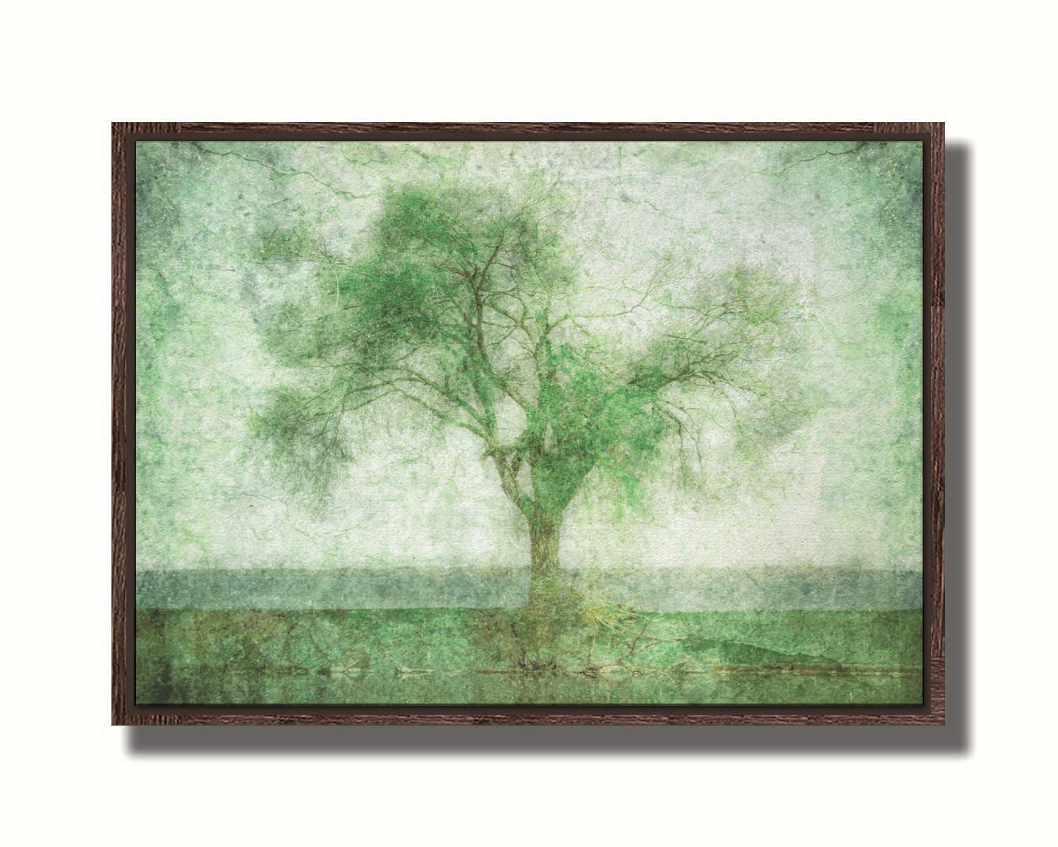 A photo of a tree at a lake, edited in green with a heavy weathered texture. Printed on canvas in a float frame.