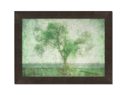 A photo of a tree at a lake, edited in green with a heavy weathered texture. Printed on canvas and framed.