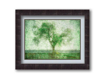 A photo of a tree at a lake, edited in green with a heavy weathered texture. Printed on paper, matted, and framed.