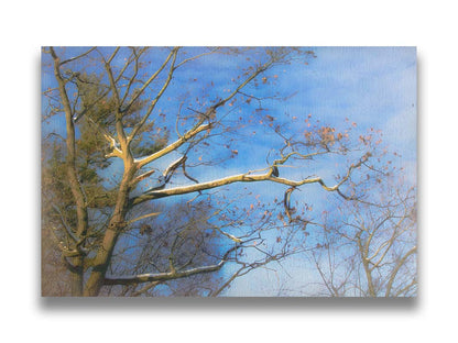 A photo looking up at the snow-covered branched of a tree against a bright blue sky. Printed on canvas.