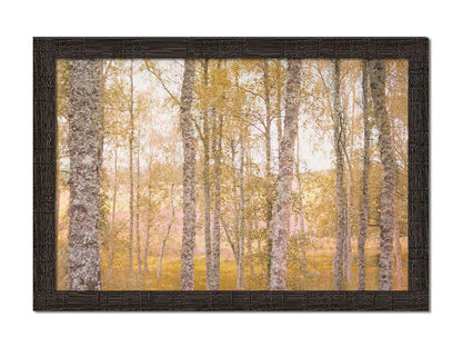 A landscape photo of a forest of yellow autumn trees, edited to be reminiscent of pointilism. Printed on canvas and framed.