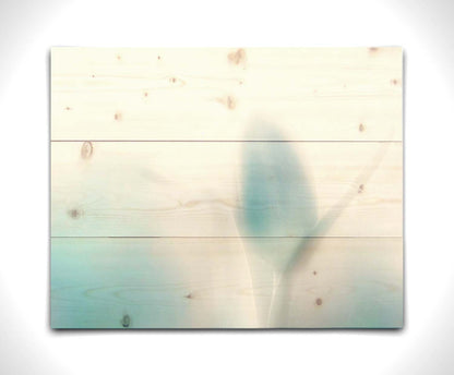 A photograph of tulips in blue, soft and out of focus against a white background to create a gentle, watercolor-like appearance. Printed on a wood pallet.