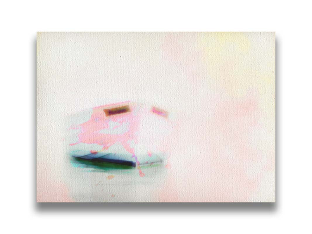 A photo of a small boat on the water, drastically edited for a white, high contrast look and textured with faint pinks and yellows. Printed on canvas.