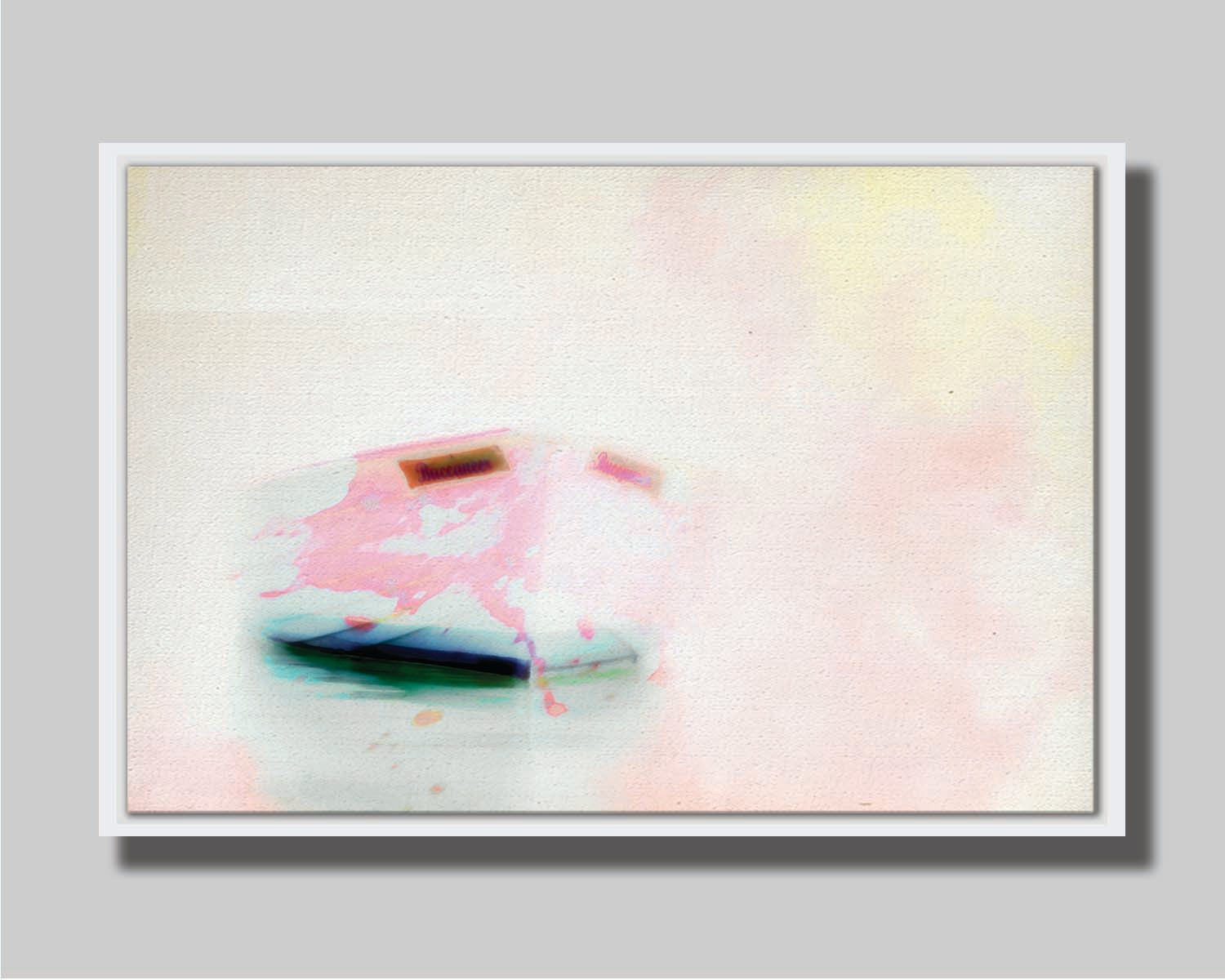 A photo of a small boat on the water, drastically edited for a white, high contrast look and textured with faint pinks and yellows. Printed on canvas in a float frame.