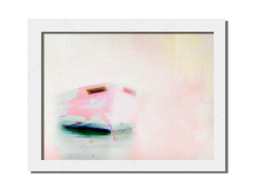 A photo of a small boat on the water, drastically edited for a white, high contrast look and textured with faint pinks and yellows. Printed on canvas and framed.