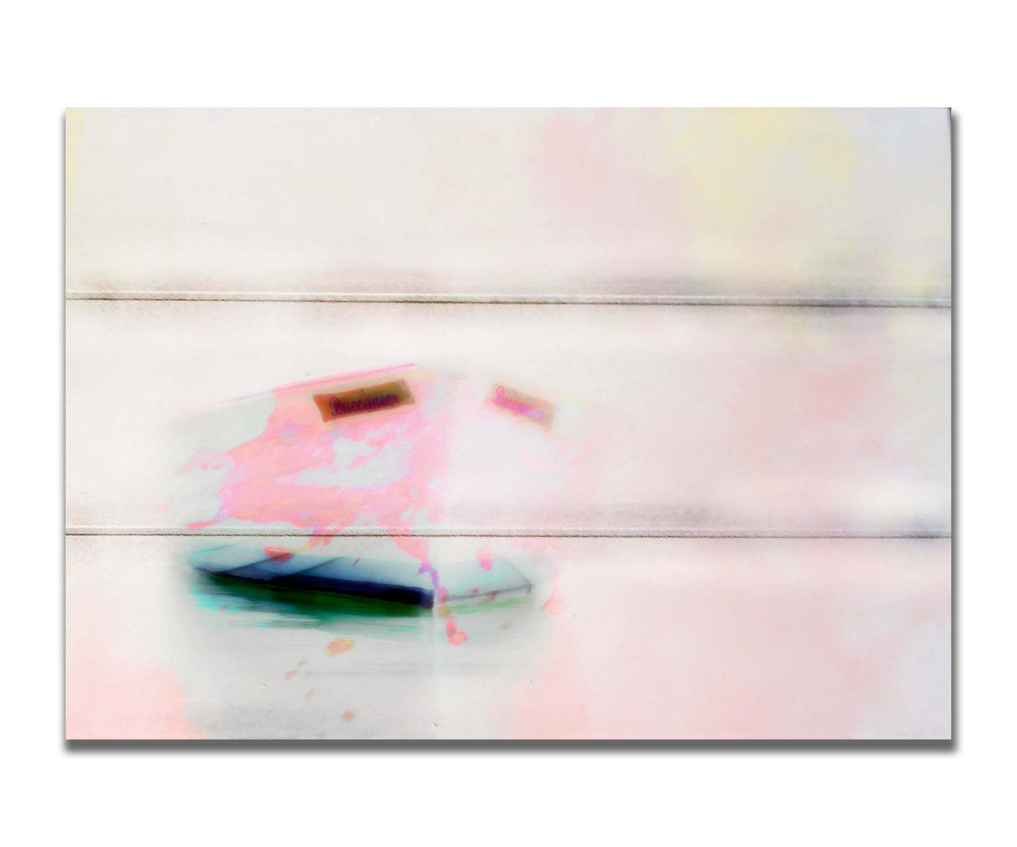 A photo of a small boat on the water, drastically edited for a white, high contrast look and textured with faint pinks and yellows. Printed on a box board.