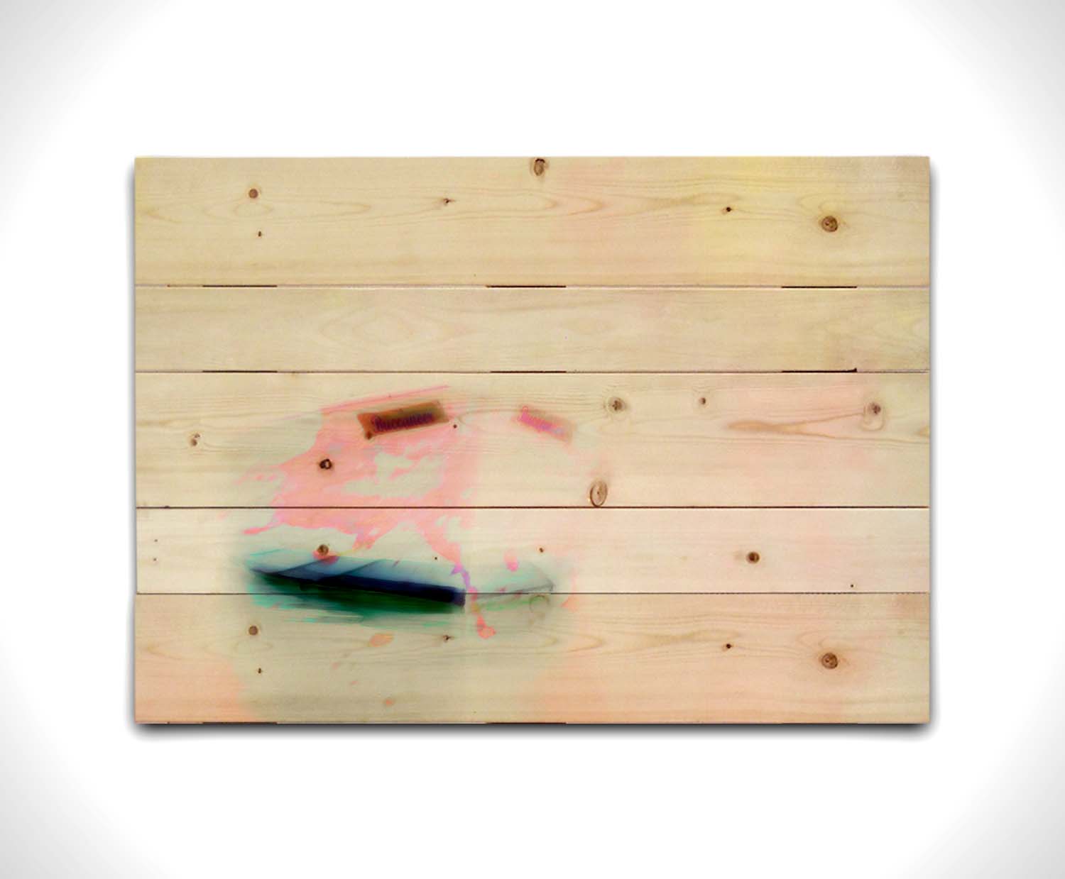 A photo of a small boat on the water, drastically edited for a white, high contrast look and textured with faint pinks and yellows. Printed on a wood pallet.