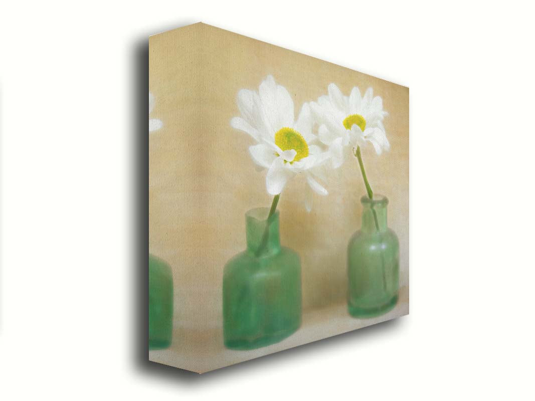 A photo of two white flowers in green glass jars, sitting against one another against a tan backdrop. Printed on canvas.