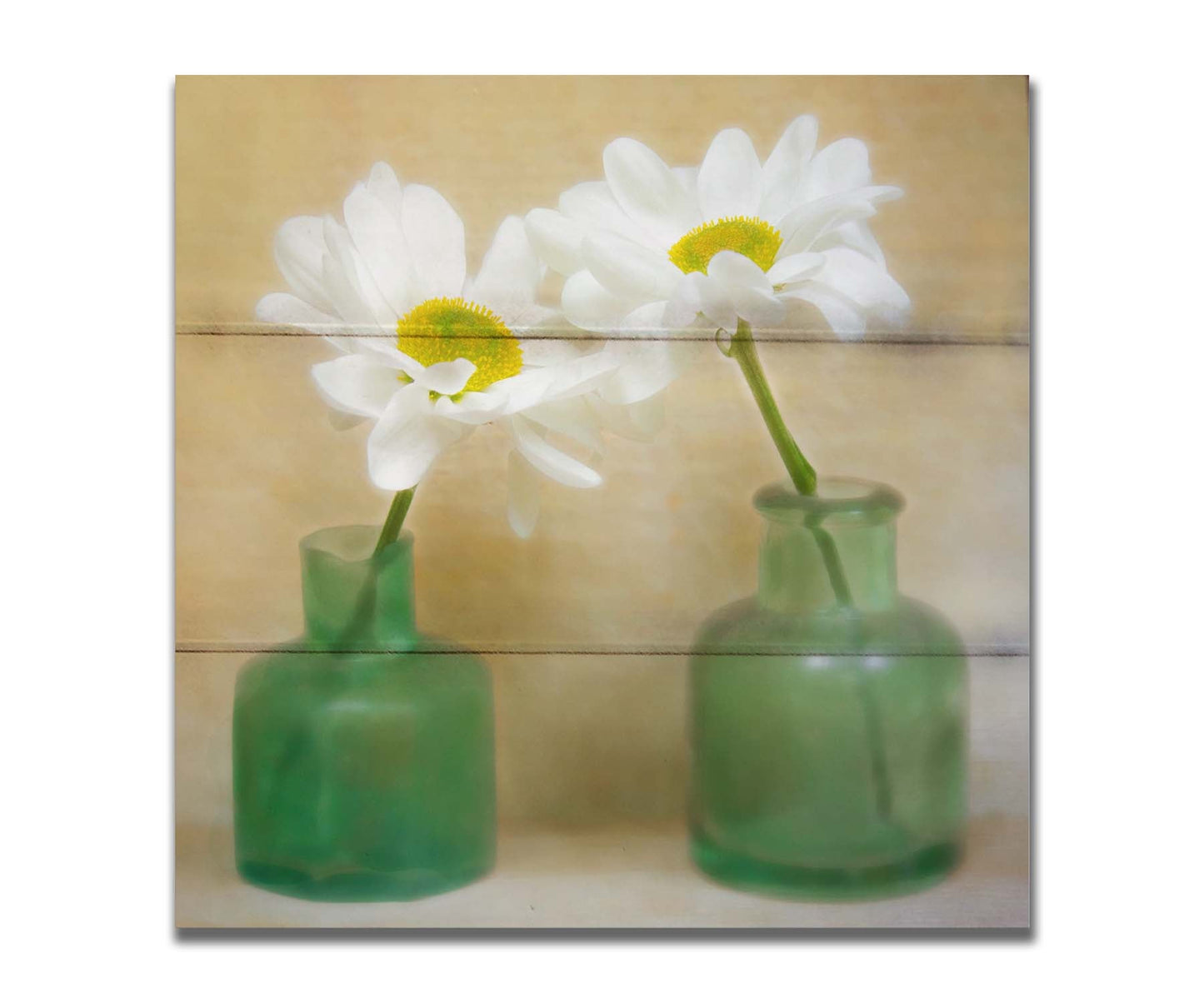 A photo of two white flowers in green glass jars, sitting against one another against a tan backdrop. Printed on a box board.