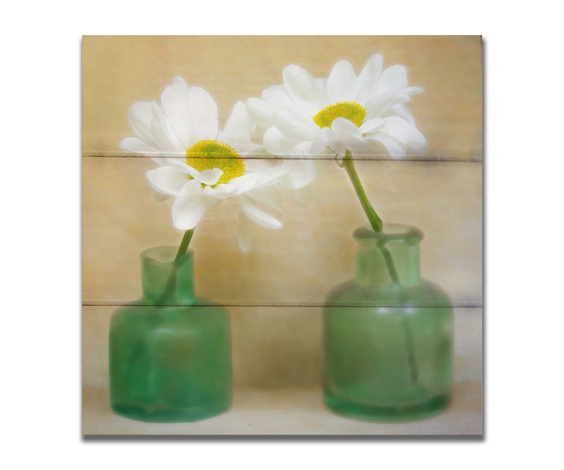 A photo of two white flowers in green glass jars, sitting against one another against a tan backdrop. Printed on a box board.