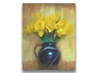 A photo of daffodils in a dark vase, sitting against a pale yellow and brown wall. It has been edited to resemble a painting. Printed on canvas.