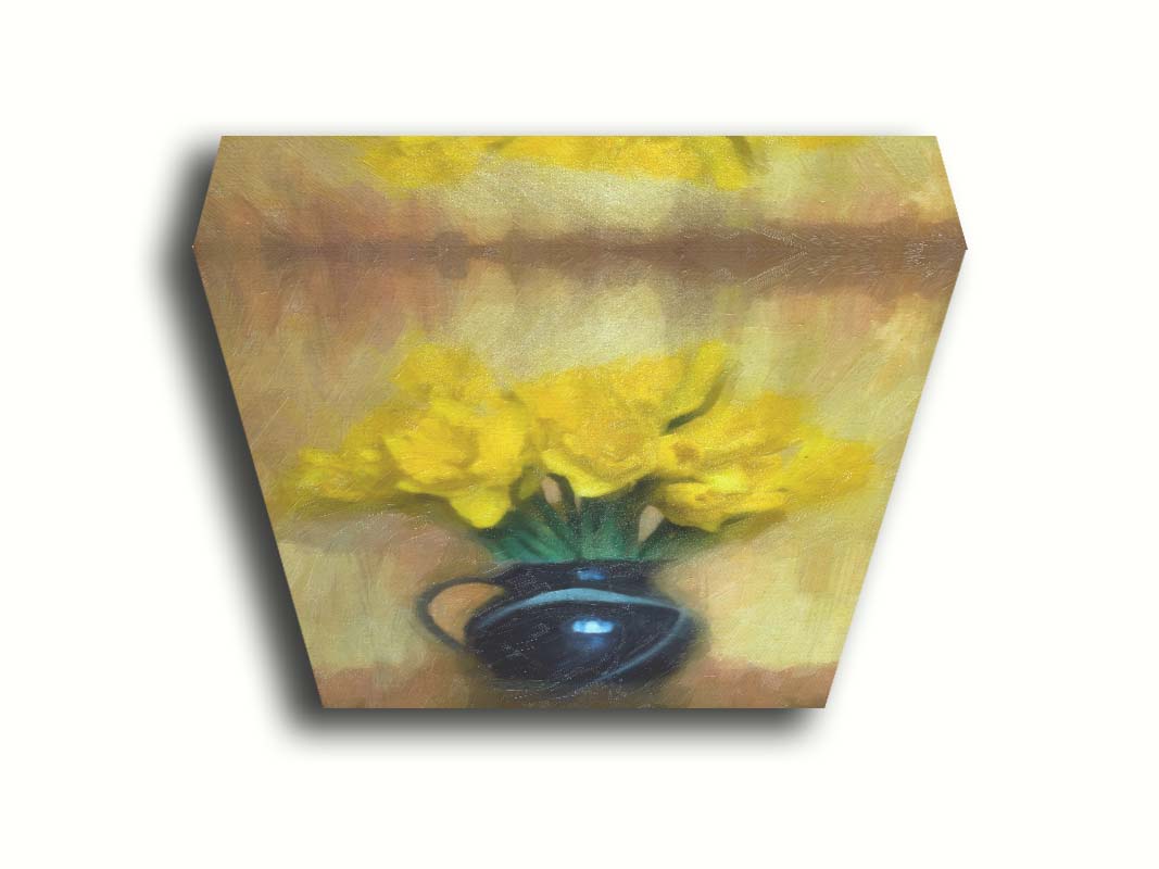 A photo of daffodils in a dark vase, sitting against a pale yellow and brown wall. It has been edited to resemble a painting. Printed on canvas.