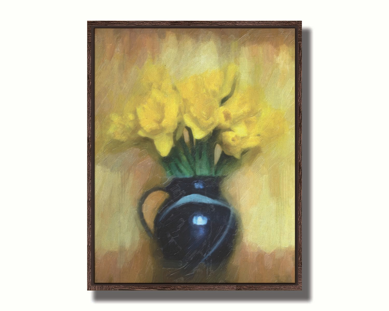 A photo of daffodils in a dark vase, sitting against a pale yellow and brown wall. It has been edited to resemble a painting. Printed on canvas in a float frame.