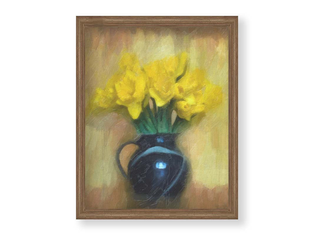 A photo of daffodils in a dark vase, sitting against a pale yellow and brown wall. It has been edited to resemble a painting. Printed on cavnas and framed.