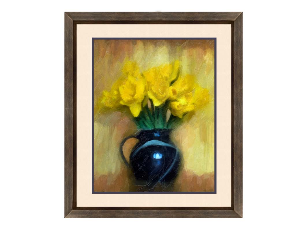 A photo of daffodils in a dark vase, sitting against a pale yellow and brown wall. It has been edited to resemble a painting. Printed on paper, matted, and framed.