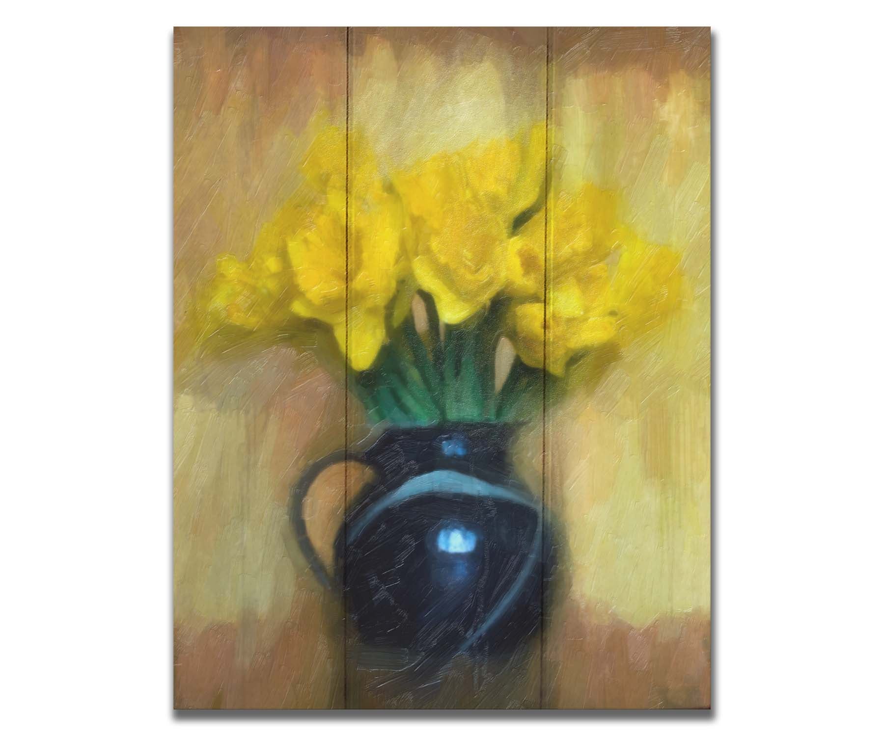 A photo of daffodils in a dark vase, sitting against a pale yellow and brown wall. It has been edited to resemble a painting. Printed on a box board.