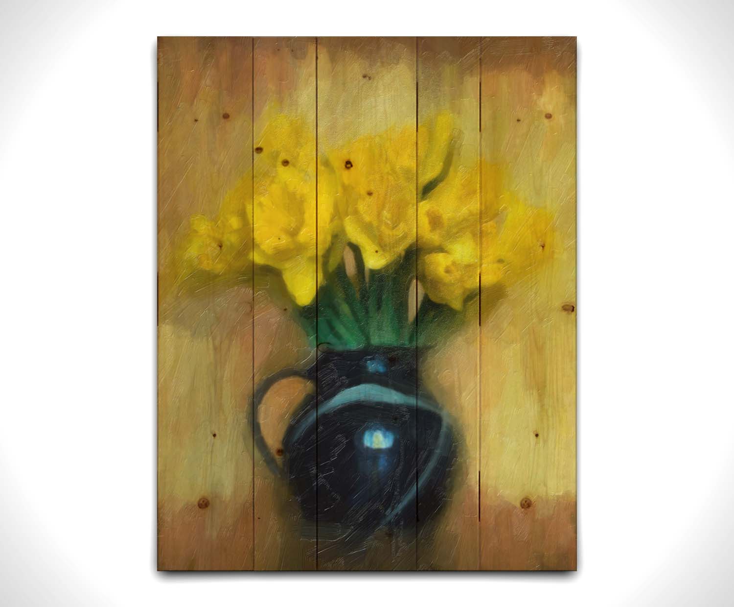 A photo of daffodils in a dark vase, sitting against a pale yellow and brown wall. It has been edited to resemble a painting. Printed on a wood pallet.