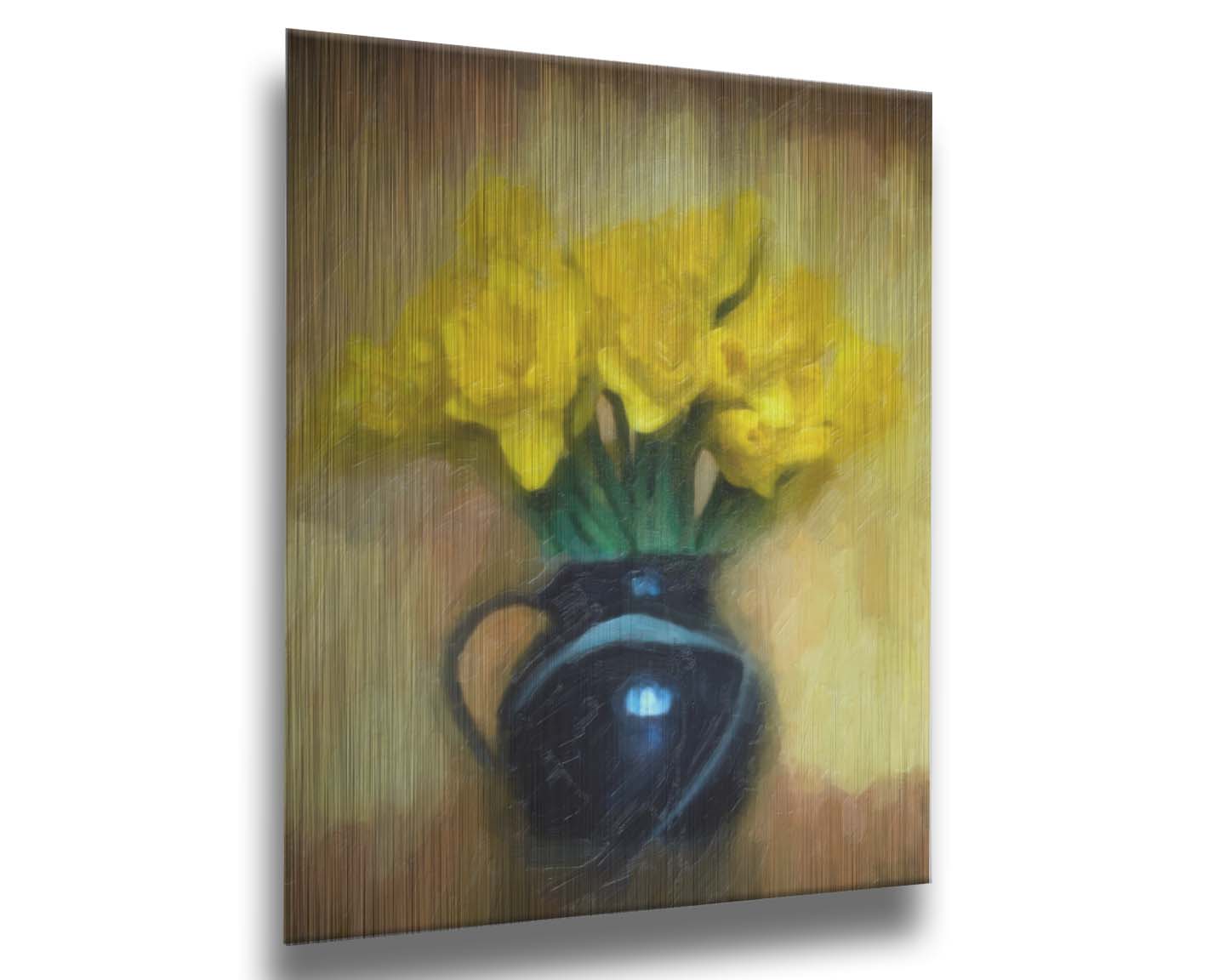 A photo of daffodils in a dark vase, sitting against a pale yellow and brown wall. It has been edited to resemble a painting. Printed on metal.