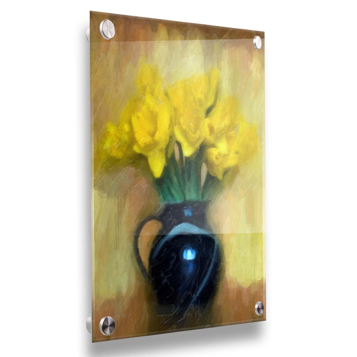 A photo of daffodils in a dark vase, sitting against a pale yellow and brown wall. It has been edited to resemble a painting. Printed on acrylic.