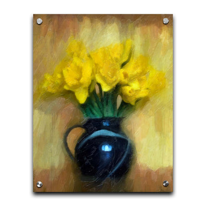 A photo of daffodils in a dark vase, sitting against a pale yellow and brown wall. It has been edited to resemble a painting. Printed on acrylic.