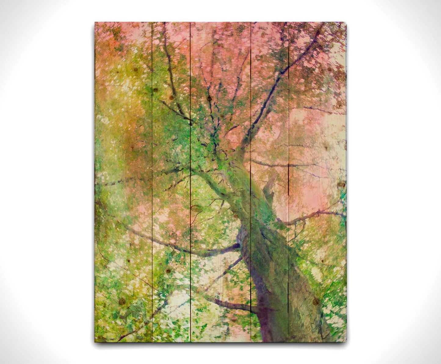 A photo looking up at a tree, edited with layers of texture in green and pink. Printed on a wood pallet.