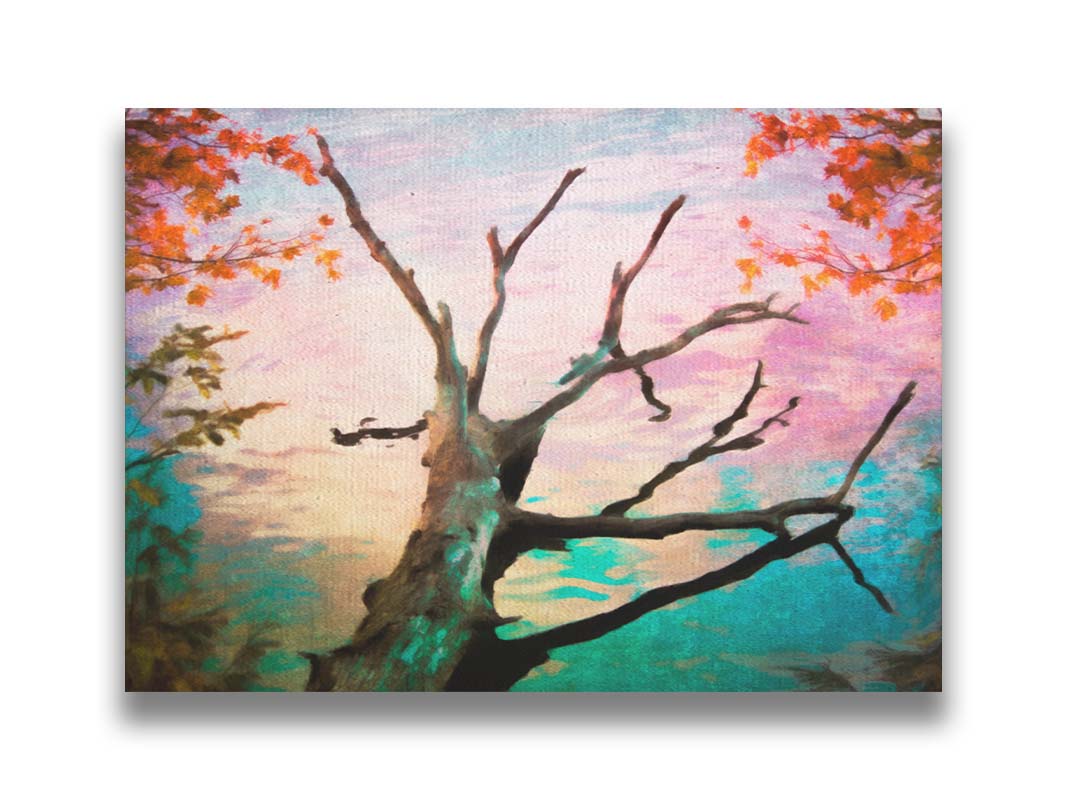 A photo of a log sitting at the edge of the water. It is edited to have a paintlike look and weathering texture. Printed on canvas.