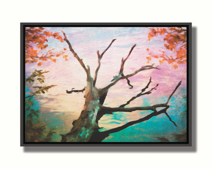 A photo of a log sitting at the edge of the water. It is edited to have a paintlike look and weathering texture. Printed on canvas in a float frame.